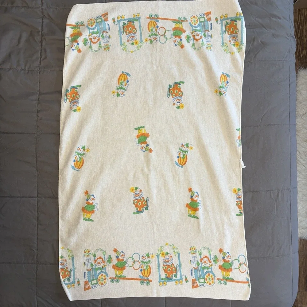VTG Clown Baby Receiving Blanket Train Floral Colorful Retro Kidcore 60s 70s 80s